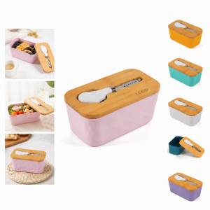 Multicolor Matte Butter Dish with Wooden Lid and Knife